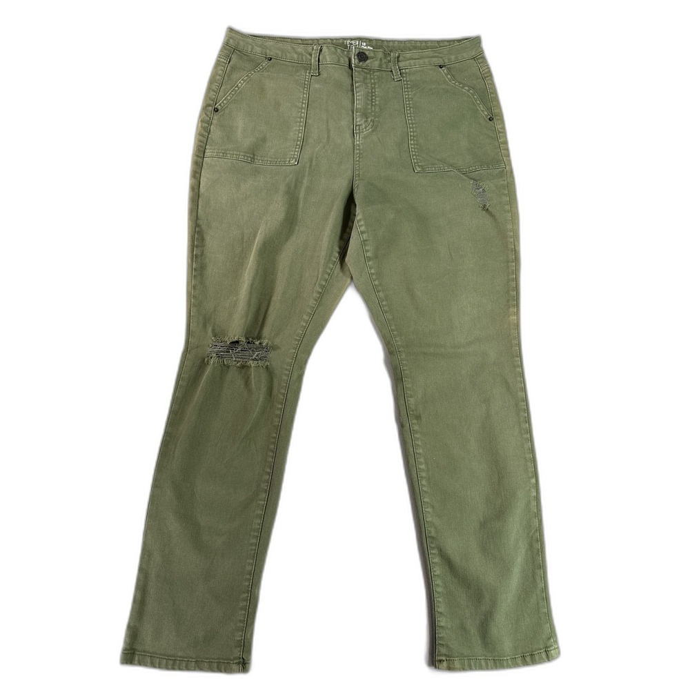 TIME TRU Cargo Pants Womens 18 Olive Green Cotton Relaxed Fit Distressed Ripped